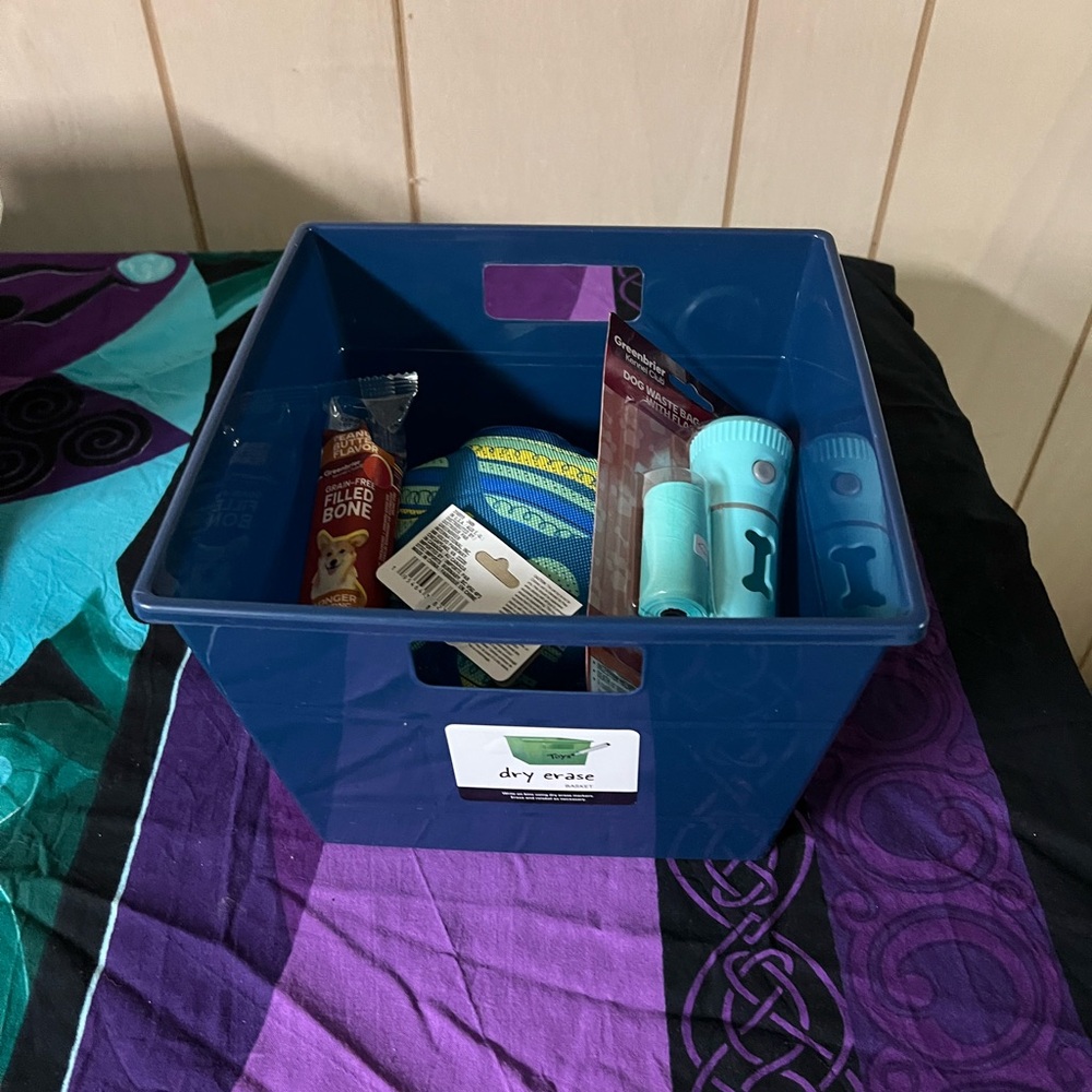 Blue Storage Bin with Dog Toys